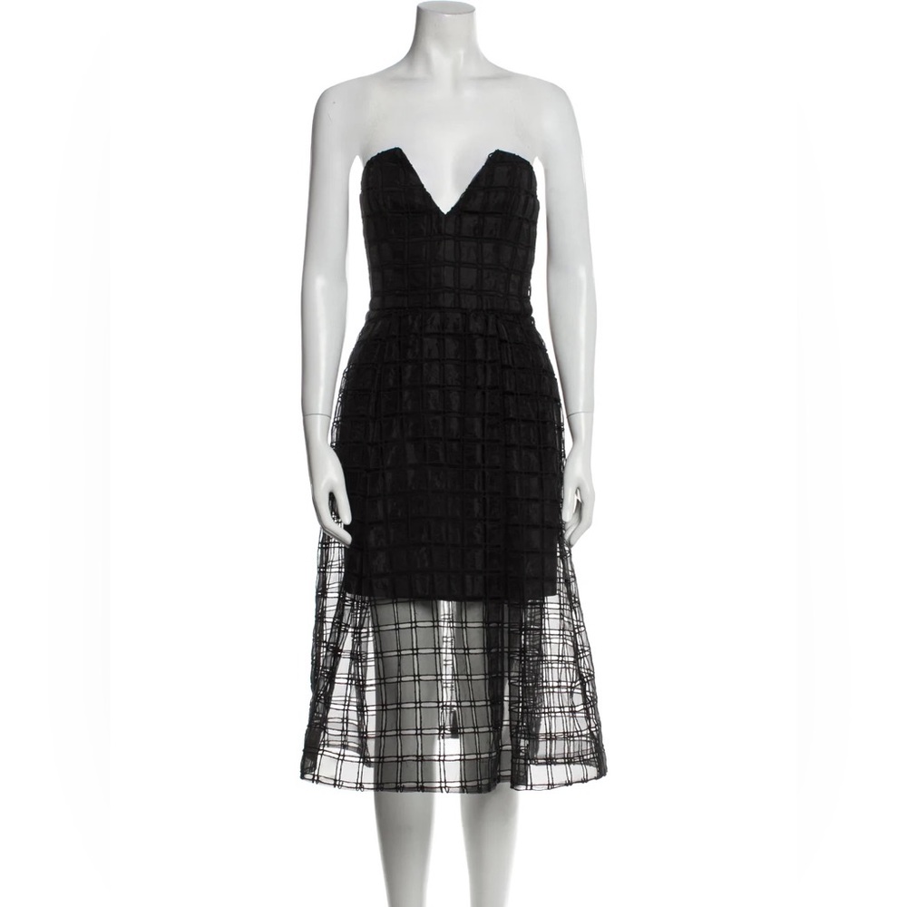 NICHOLAS black mesh strapless overlay midi dress